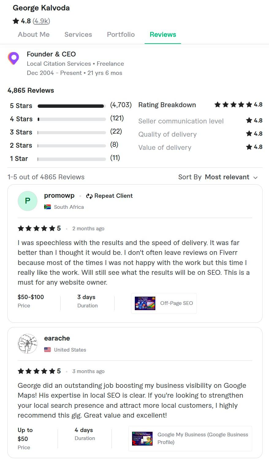 Client reviews showing 4.8 stars from 4,865 clients, active since December 2004 in local SEO and citations